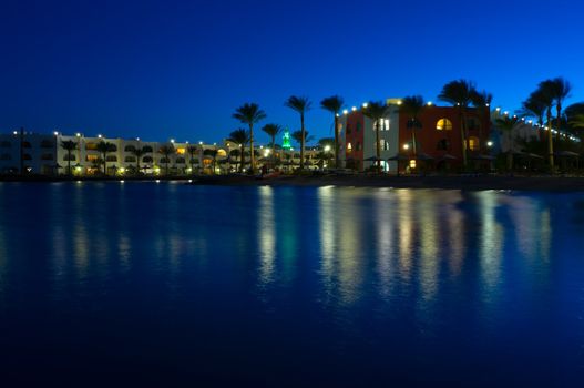 Red Sea tourist resort photographed at night at long shutter speed