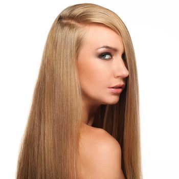 Caucasian woman with long beautiful blond hair isolated over white background