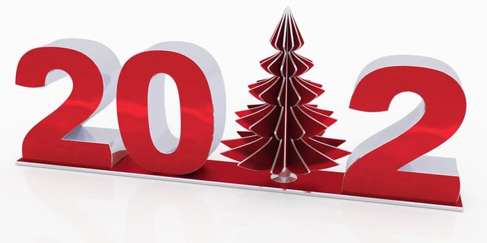 3d numerals "2012" of red metallic and silver on pedestal. Numeral "1" replaced with christmas tree.