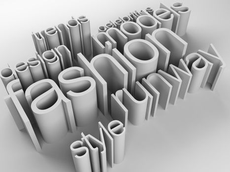Words on the topic: fashion, volumetric 3D letters on a grey background