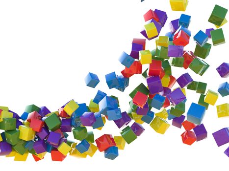 A lot of colorful cubes are flying on a white background