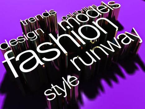 Words on the topic: fashion, volumetric 3D letters of gold on a dark background