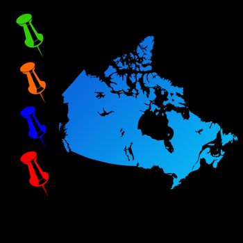 Canada travel map with push pins on black background.