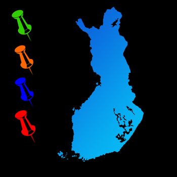 Finland travel map with push pins on black background.