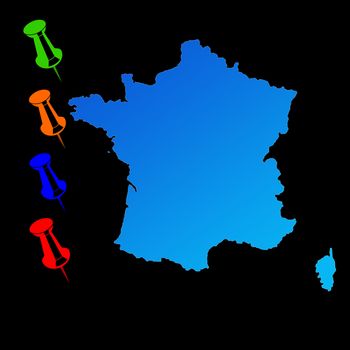 France travel map with push pins on black background.