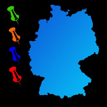 Germany travel map with push pins on black background.