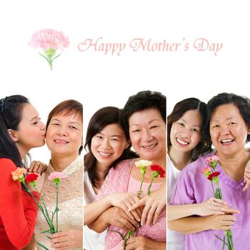 Mother's day celebration. Group of different mothers and daughter holding carnation flower.