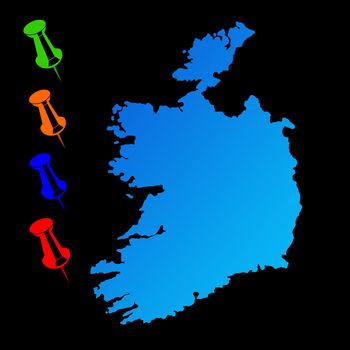 Ireland travel map with push pins on black background.