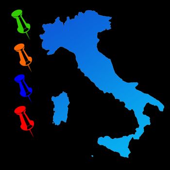 Italy travel map with push pins on black background.