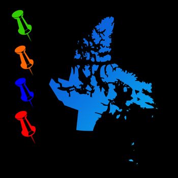 Canadian state of Nunavut travel map with push pins on black background.