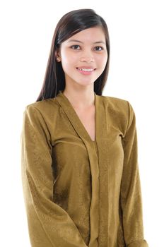 Portrait of a young Southeast Asian woman smiling on white background