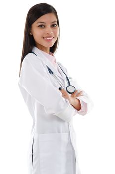 Confident Southeast Asian female medical doctor standing isolated on white background.
