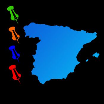 Spain travel map with push pins on black background.