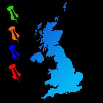 United Kingdom travel map with push pins on black background.