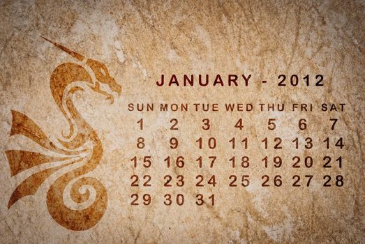 2012 year of the Dragon calendar on old vintage paper, January