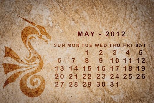 2012 year of the Dragon calendar on old vintage paper, May