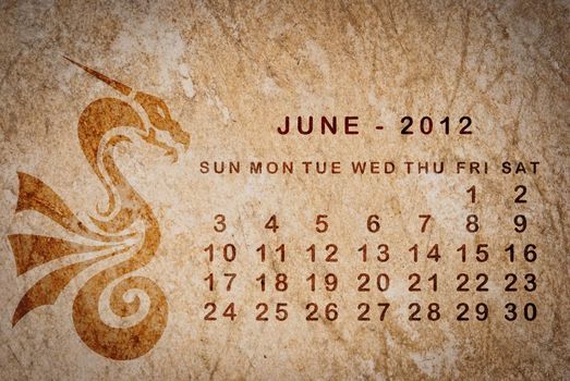 2012 year of the Dragon calendar on old vintage paper, June
