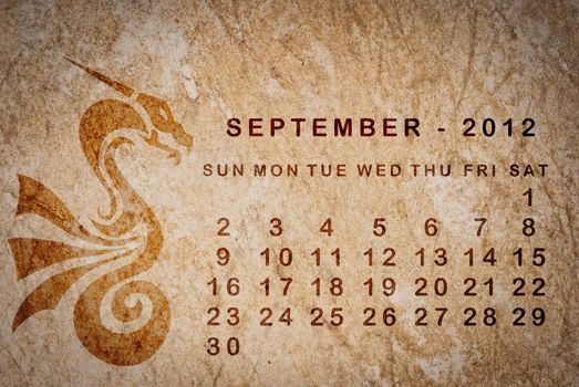 2012 year of the Dragon calendar on old vintage paper, September