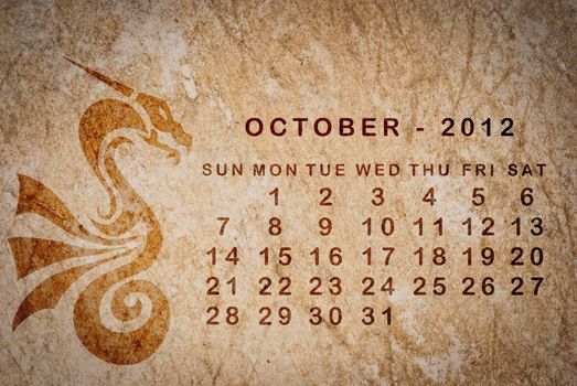 2012 year of the Dragon calendar on old vintage paper, October