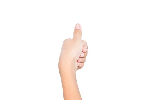 Children hand pressing down on white wall, isolated with white background
