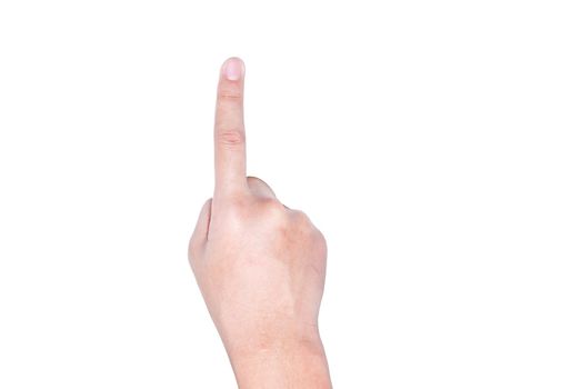 Children hand pressing down on white wall, isolated with white background
