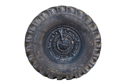 Old russian military tire on isolated white background.