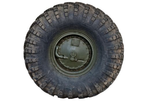 Old russian military tire on isolated white background.