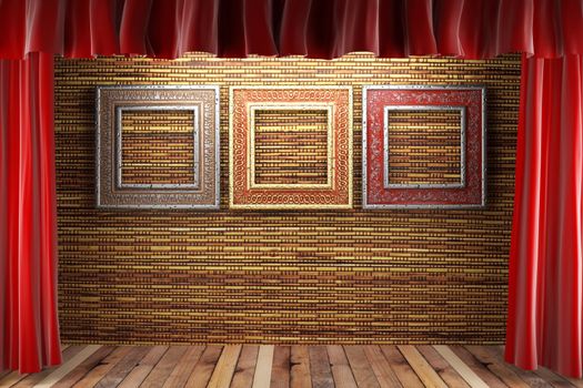 red fabric curtain with frames on stage