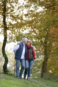 Affectionate couple strolling though park