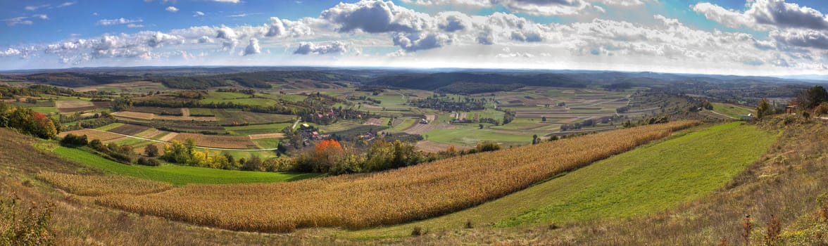 Green valley and golden fields,  landscape panorama, Kalnik, Croatia