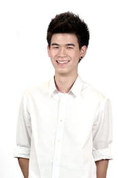 Portrait of a happy Asian teenage with white background