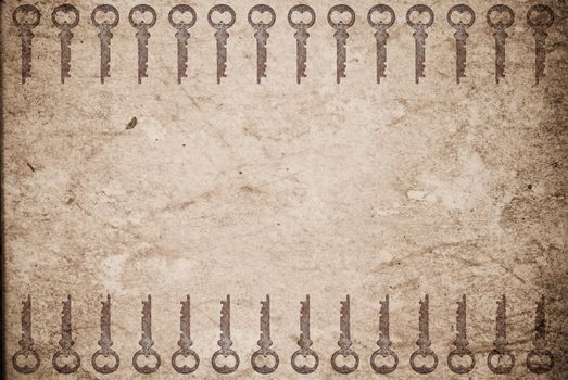 Rusty keys on old paper background with blended layers
