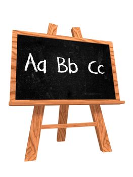 3d isolated wooden blackboard with text - abc, hand-written

