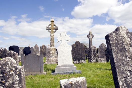 old ancient Celtic graveyard with unmarked gravestones in Ireland