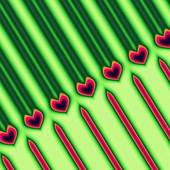 An abstract pattern done in green and red with a diagonal line of red hearts on a background of green and red stripes.