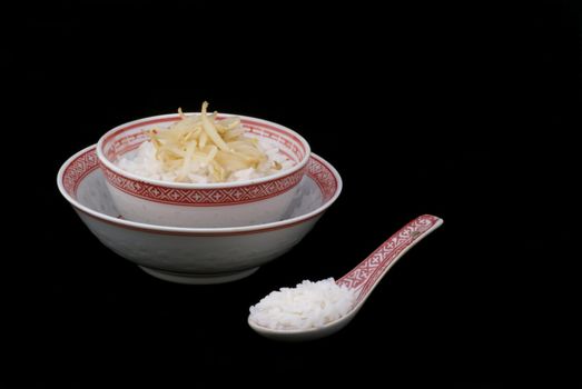 Chinese dinner-set with rice and bean sprouts.