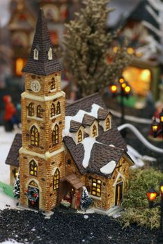 Church in a little christmas village.