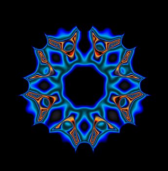 A circular abstract illustration in the shape of a medallion. It is done in shades of blue amd orange on a black background.