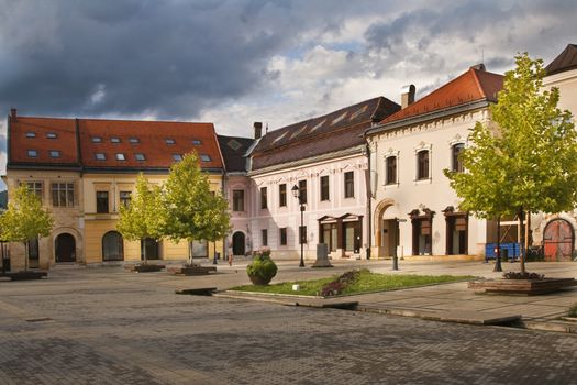 Impressive heavy sky over the old town square.Location:Baia Mare,Maramures,Romania,Europe.