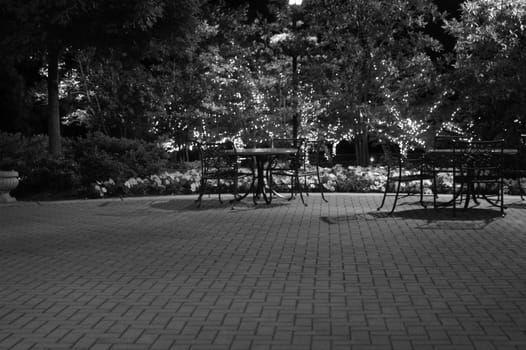 patio deck at night shown in black and white