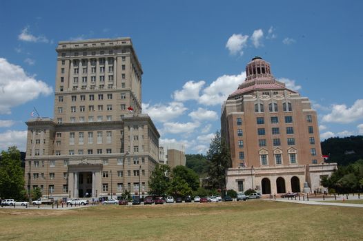 Two government building in Asheville North Carolina during the summer