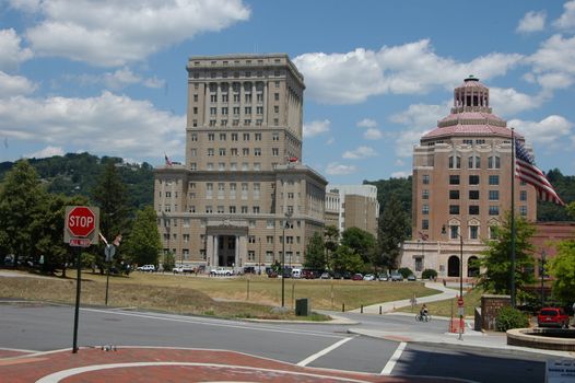 Two government building in Asheville North Carolina during the summer