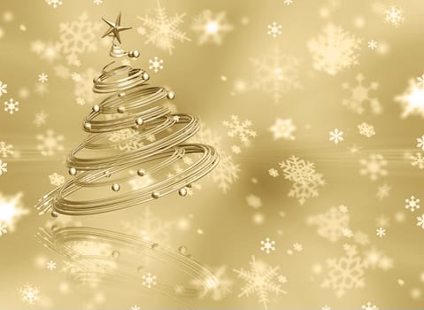 Christmas tree on golden snowflake background