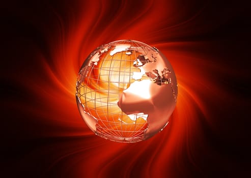 3D render of a wireframe globe on fiery background