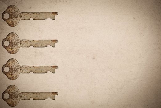 Rusty keys on old paper background with blended layers
