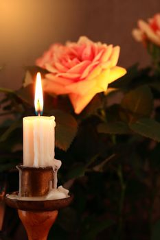 Closeup of lighting candle on dark background with beautiful rose