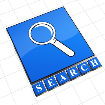 3d blue icon search with text and magnifier glass