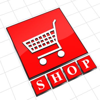 3d red icon shop with text and shopping cart