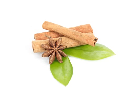 Star Anise, cinnamon and green leave isolated on white background 