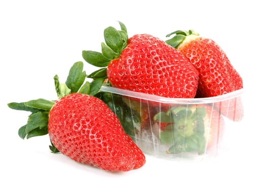 fresh strawberries in box on white background